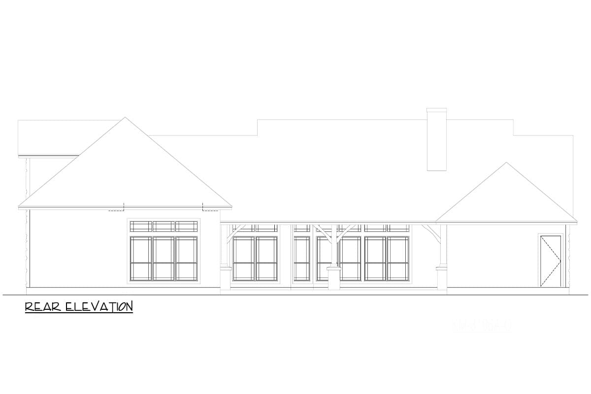Rear elevation drawing showing a house plan with a covered patio, multiple windows, and a chimney.