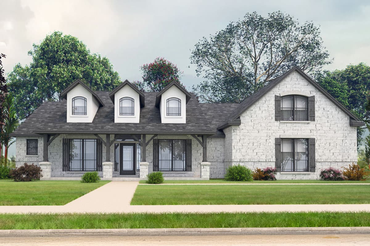 House plan exterior featuring a two-story stone facade. Includes a covered porch, dormers, and gabled rooflines.