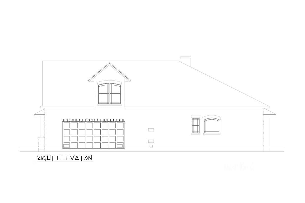 Floor plan elevation drawing of a house right side view, showing a garage, dormer window, and arched window.