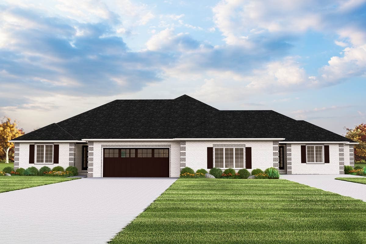 House plan exterior. Single-story Ranch-style home with brick facade, front-facing garage, and a gable roofline.