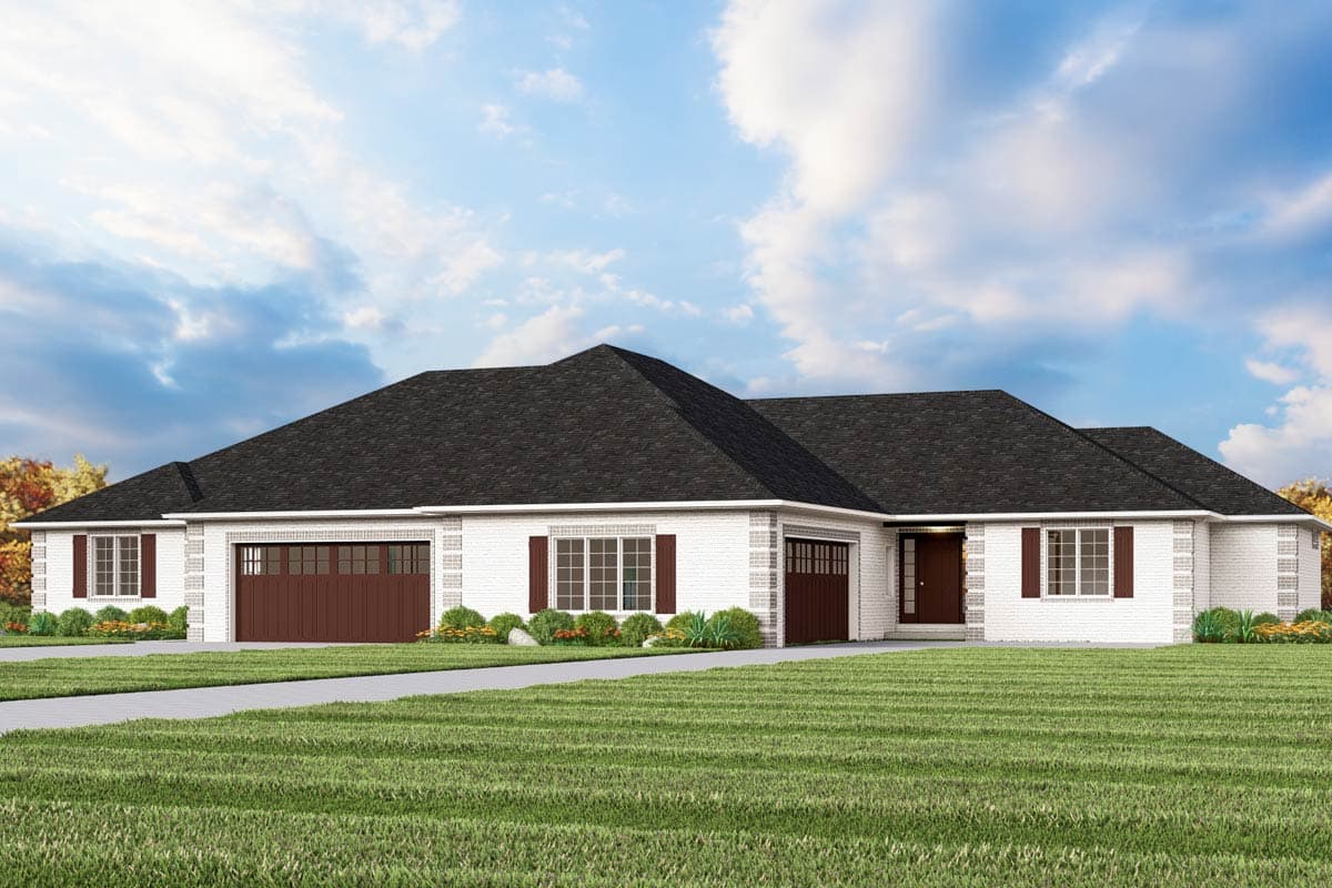 House plan exterior: One-story Ranch with white brick, dark roof, three-car garage, and covered entry.