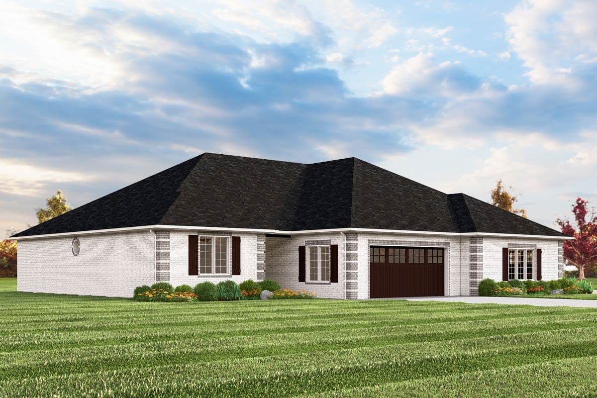 House plan exterior view of a one-story brick home with a dark roof, attached garage, and multipane windows.