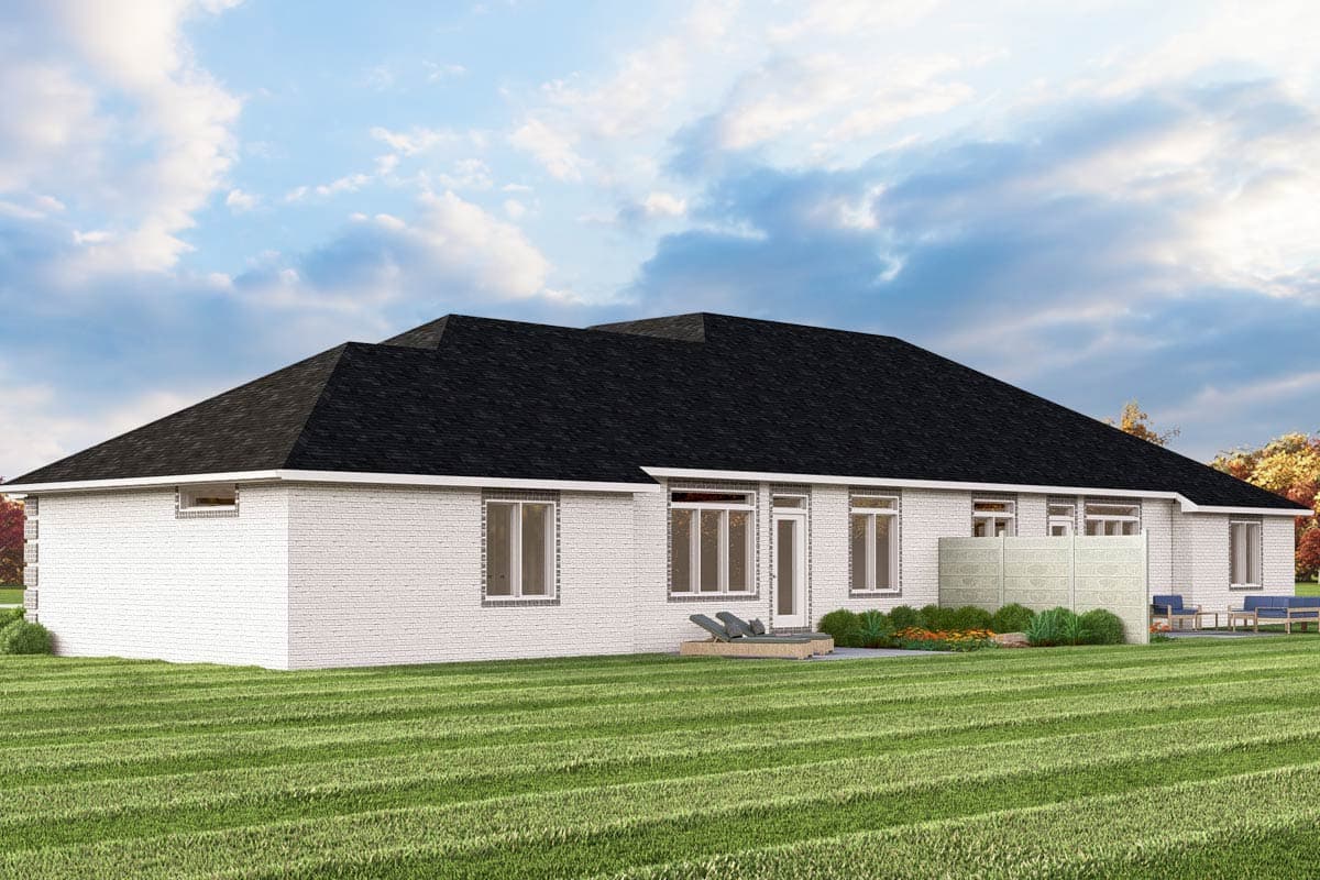 House plan exterior: one-story ranch with white brick, asphalt shingle roof, multiple windows, and a rear patio.