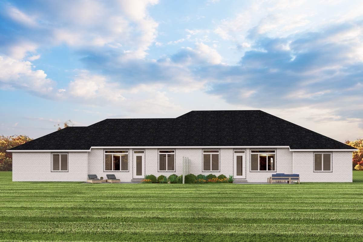 House plan exterior: Single-story Modern house with white brick facade, dark roof, and numerous large windows.