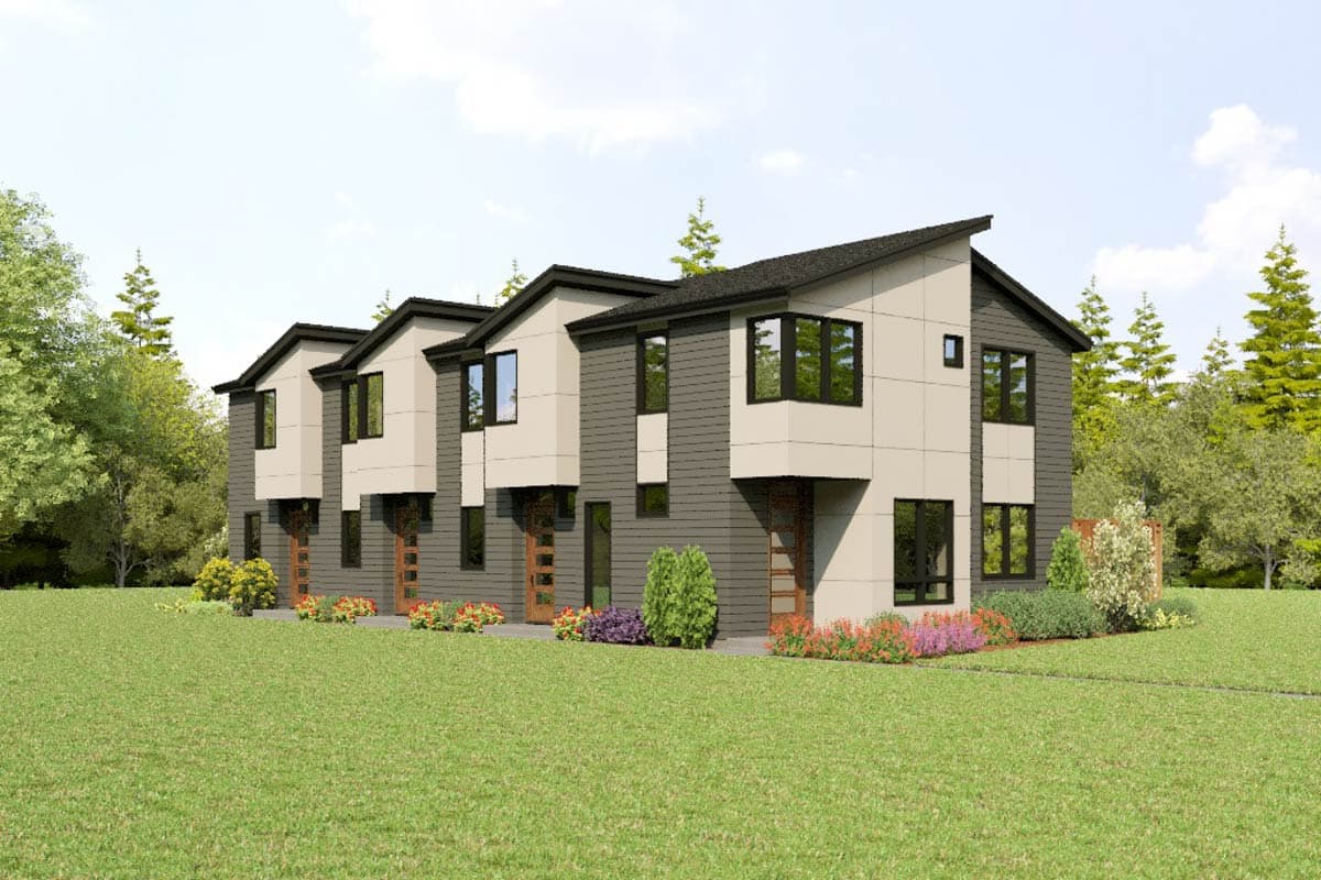 House plan exterior: Modern townhouse with dual-tone siding, asymmetric gables, and prominent window bays.