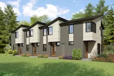 Two-Story Modern Townhouse Fourplex  Plan with 2 Bedrooms and Under 1200 Sq Ft Per Unit