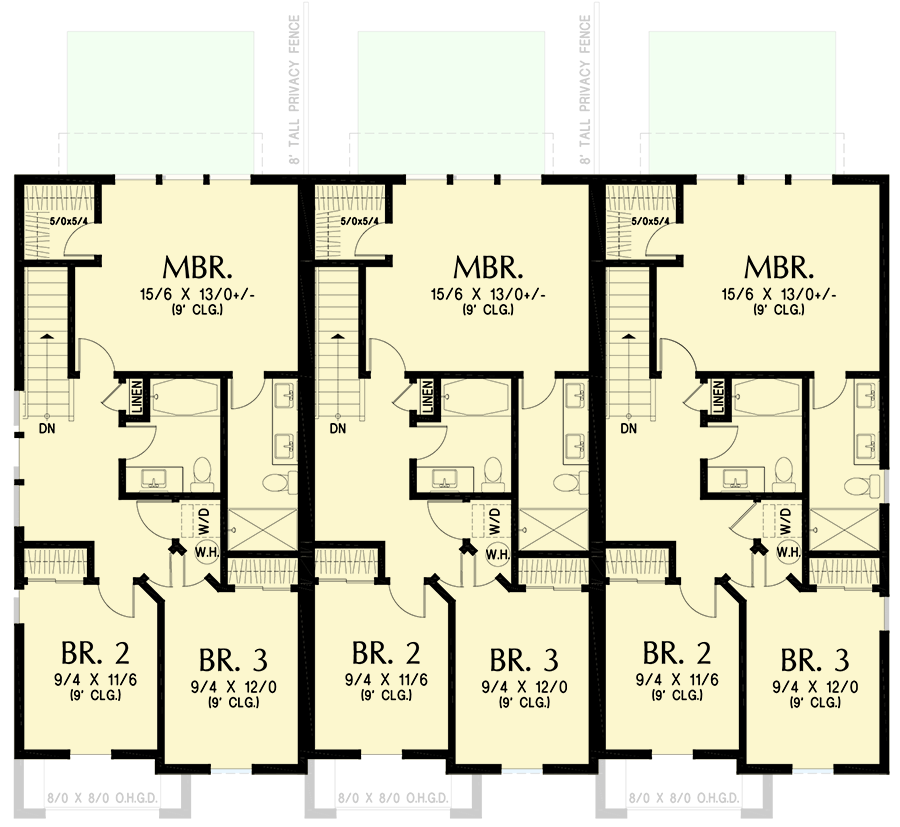 Plan 69889AM: Two-Story Contemporary Triplex House Plan with 3-Bedrooms - 1349 Sq Ft Per Unit - Floor Plan - 2nd Floor - Contemporary