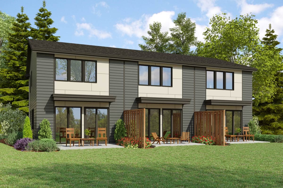 Modern two-story house plan exterior with dark siding, large windows, and patio access.