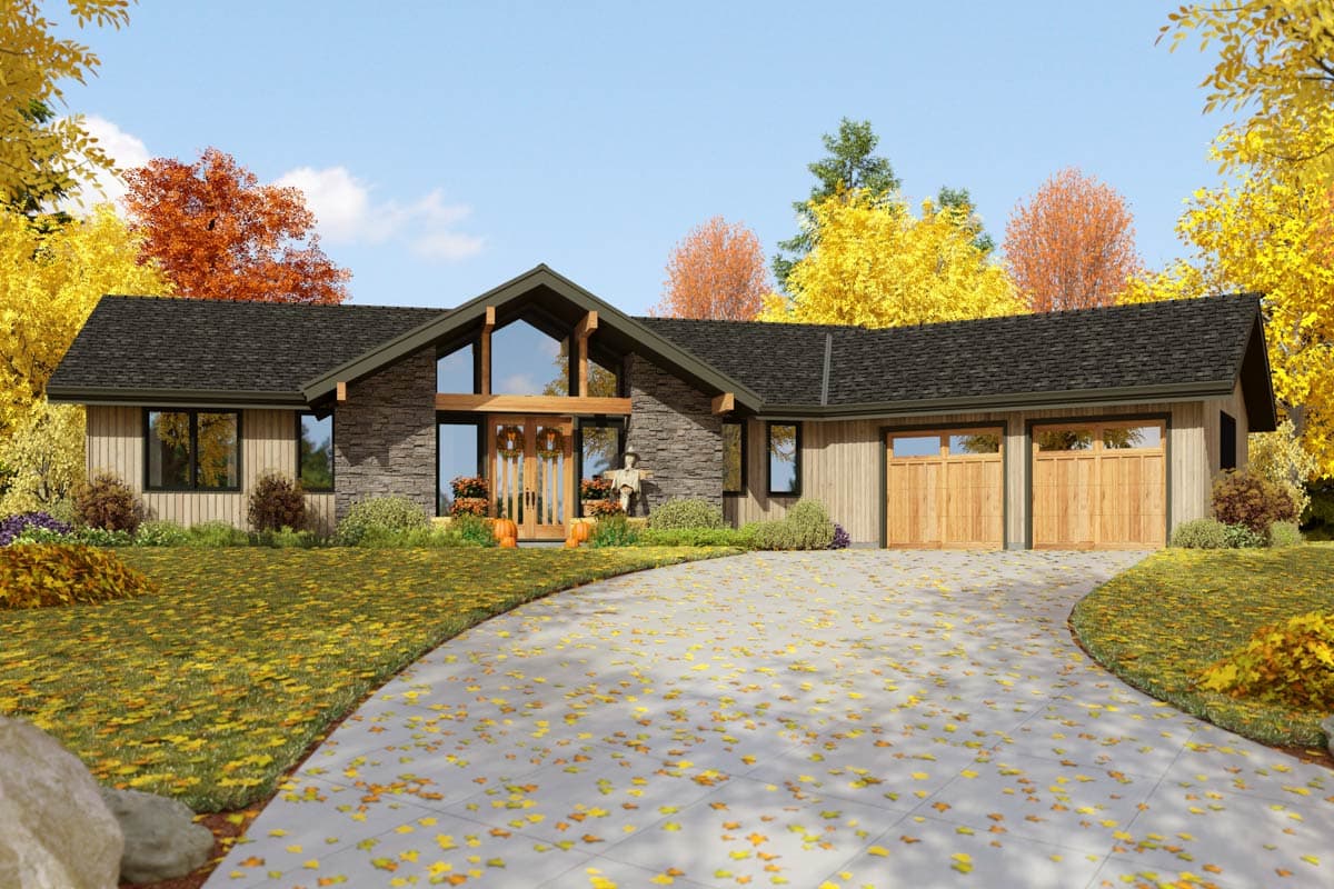 House plan exterior: Modern ranch with stone accents, large central gable, and a double garage.
