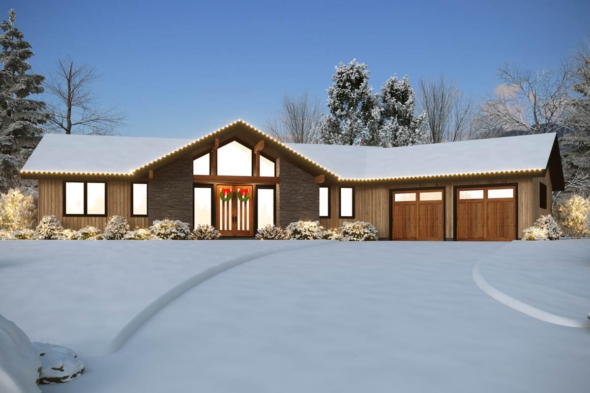 One-story house plan exterior with a prominent gable, stone accent siding, wood paneling, and a two-car garage.