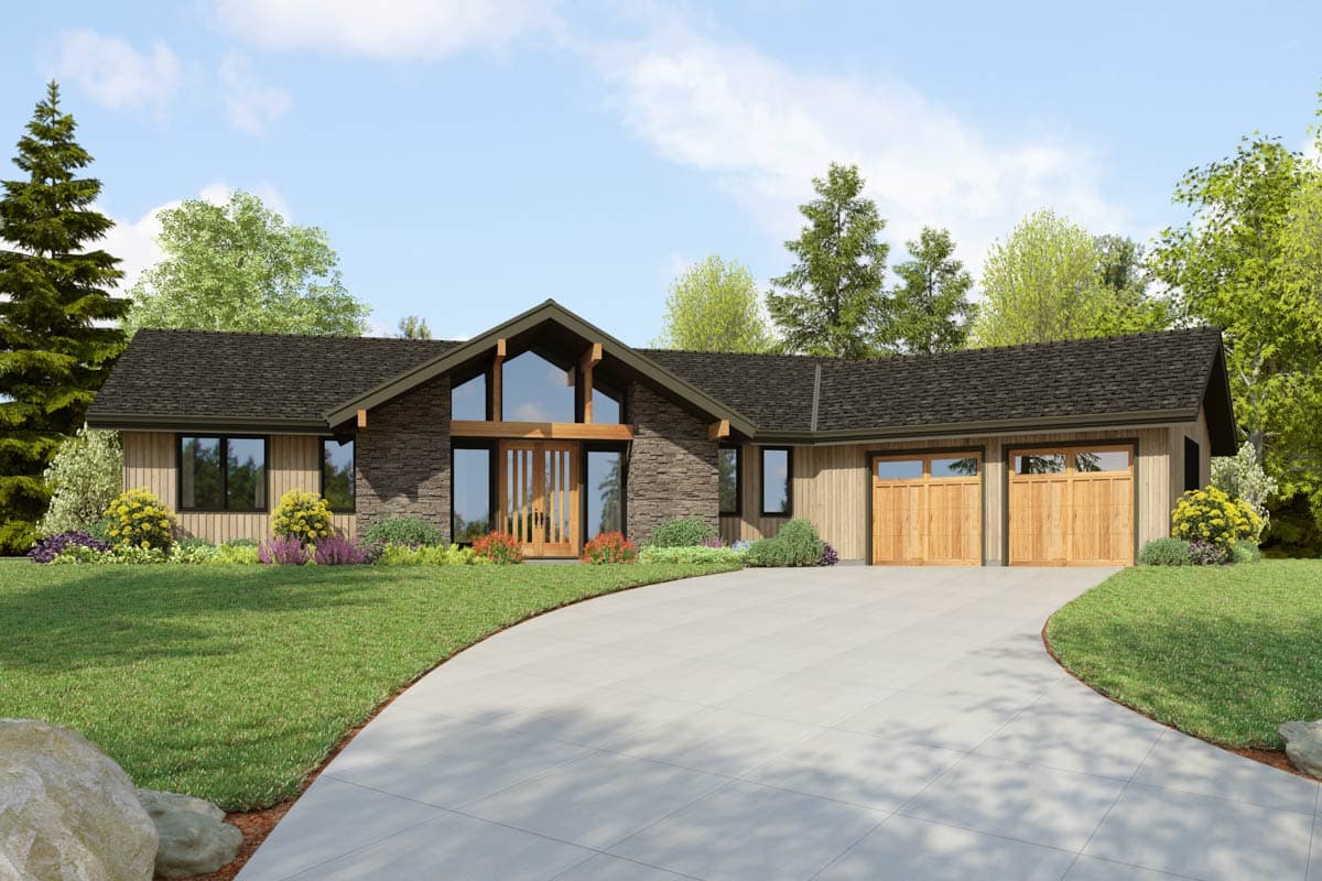 House plan exterior. Modern style with stone and wood siding, two-car garage, and a gable roof with a prominent entry gable and large window.