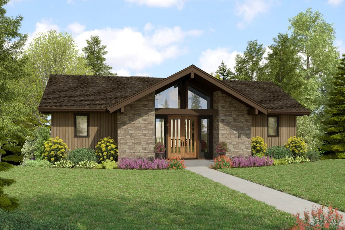 House plan exterior. One-story Ranch style home with a gabled roof, stone facade, large windows, and an asymmetrical layout.