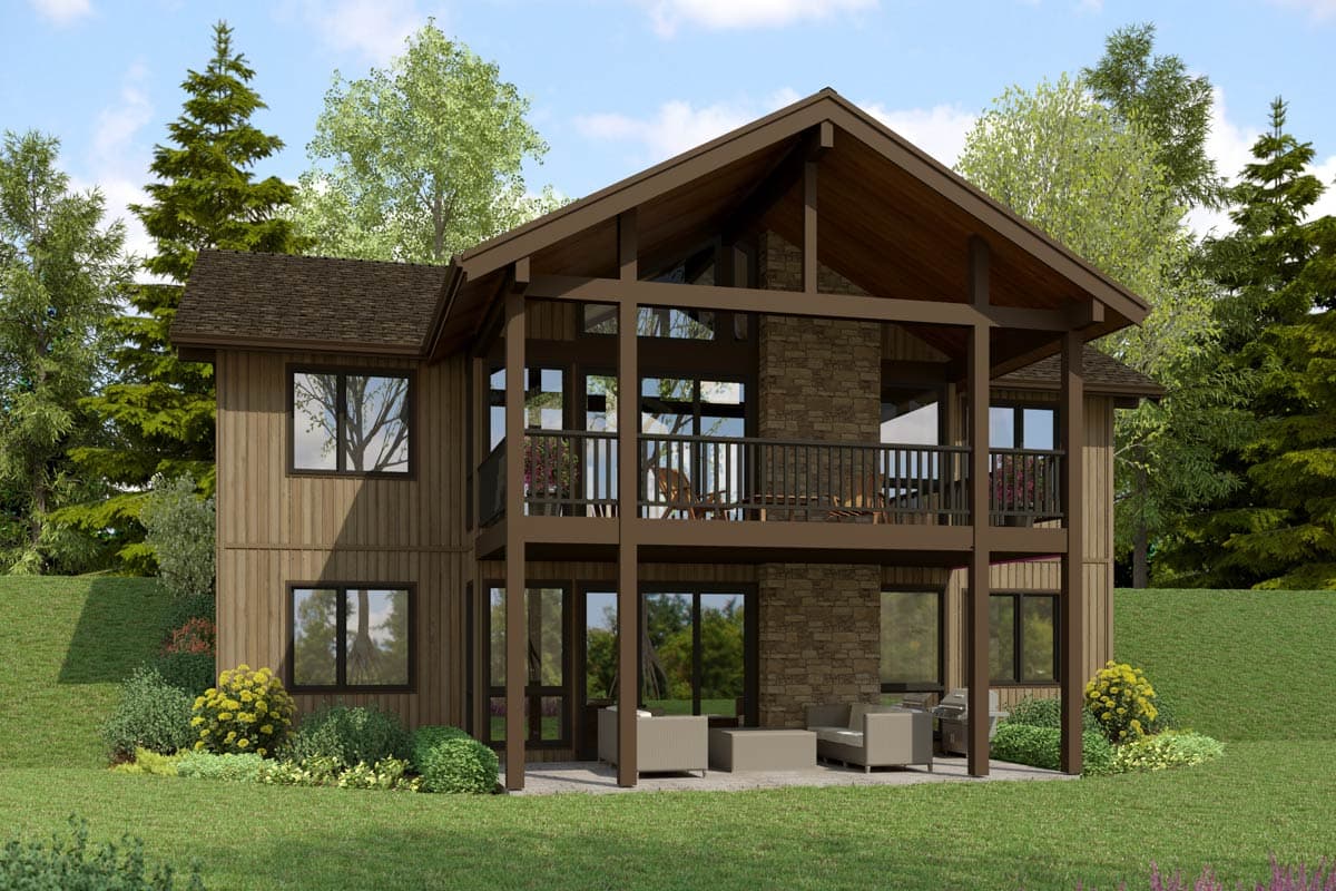 House plan exterior with a stone chimney, multiple levels, wraparound balconies, and large windows.