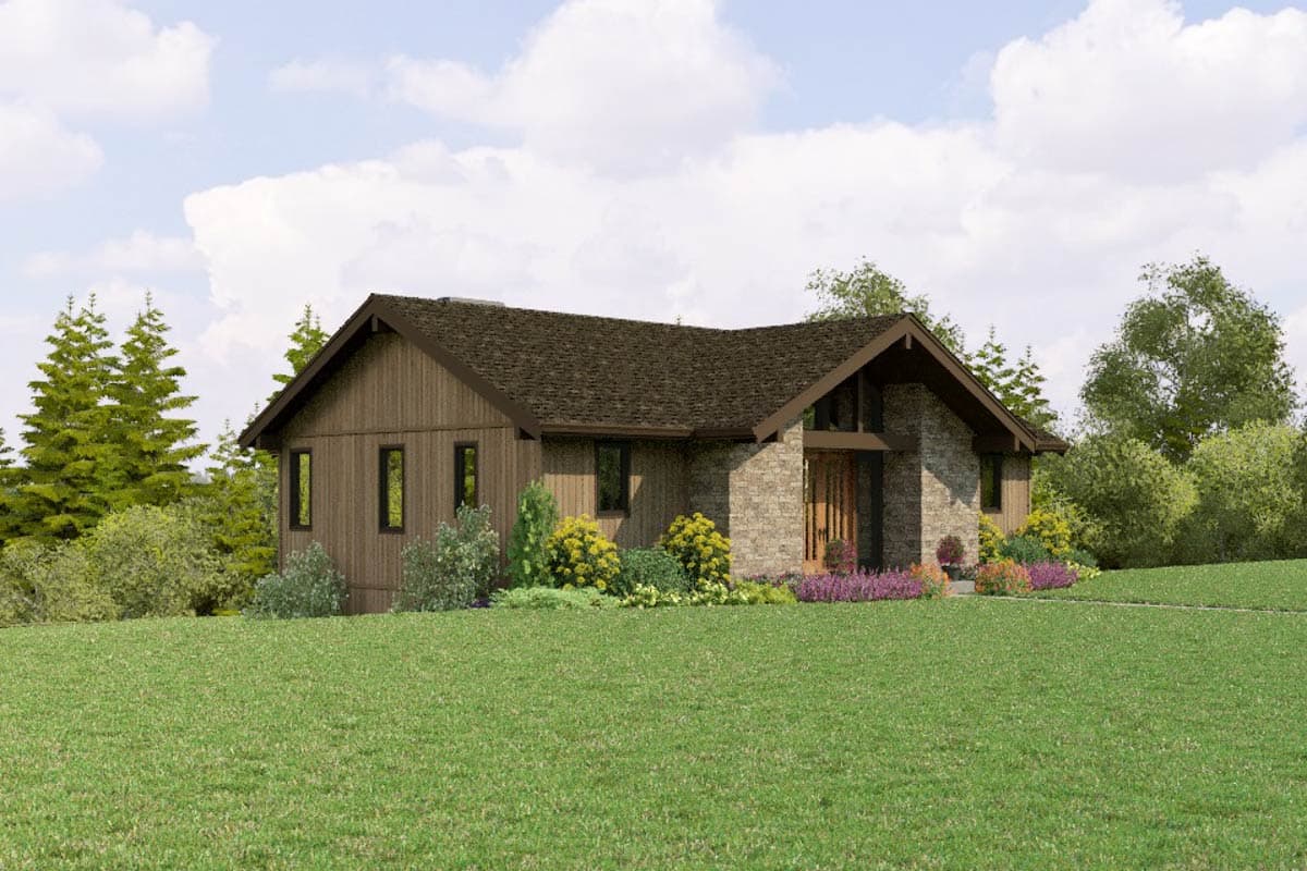 House plan exterior: Single-story residence with wood siding, stone accents, large gable roof, and covered entry.
