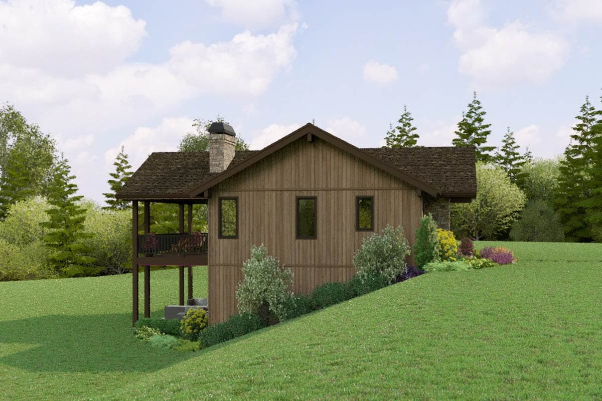 House plan exterior: Two-story lodge-style home with wood siding, stone chimney, gabled roof, and covered deck.