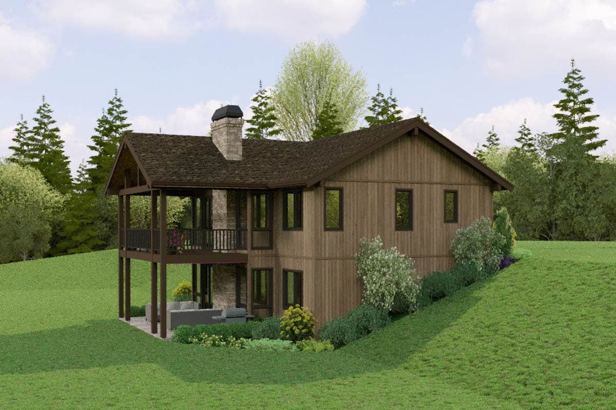 Two-story house plan exterior with wood siding, large stone chimney, and covered deck. Features a sloping yard.