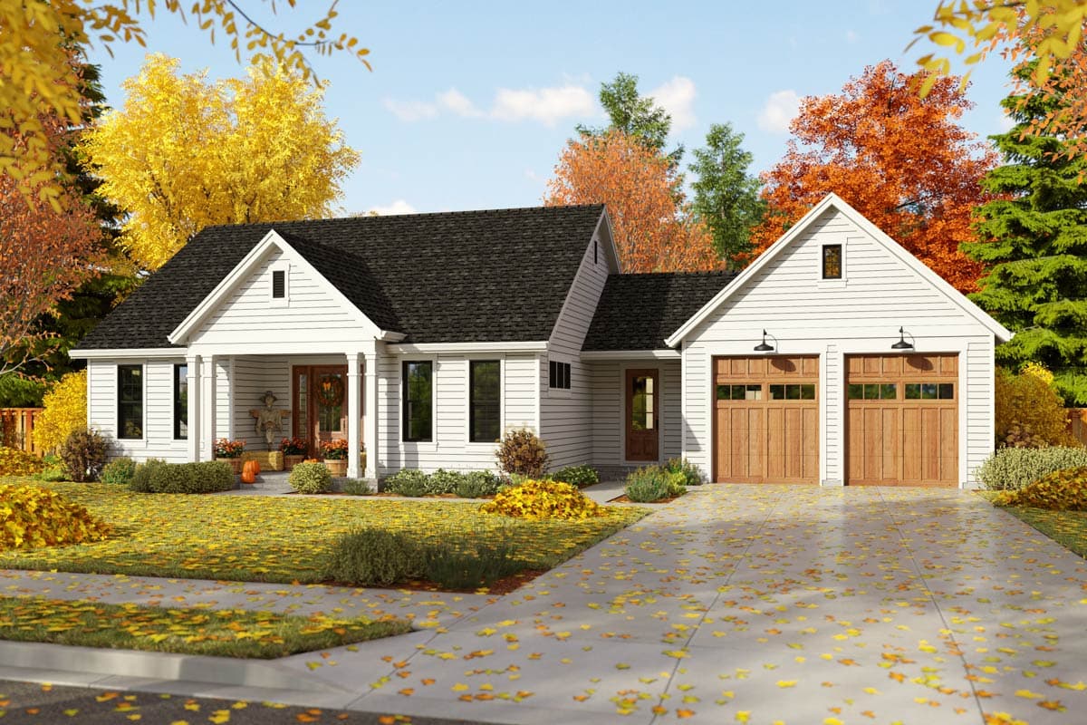 House plan exterior. Craftsman style, single-story home with front porch, gables, and attached two-car garage with wood doors.