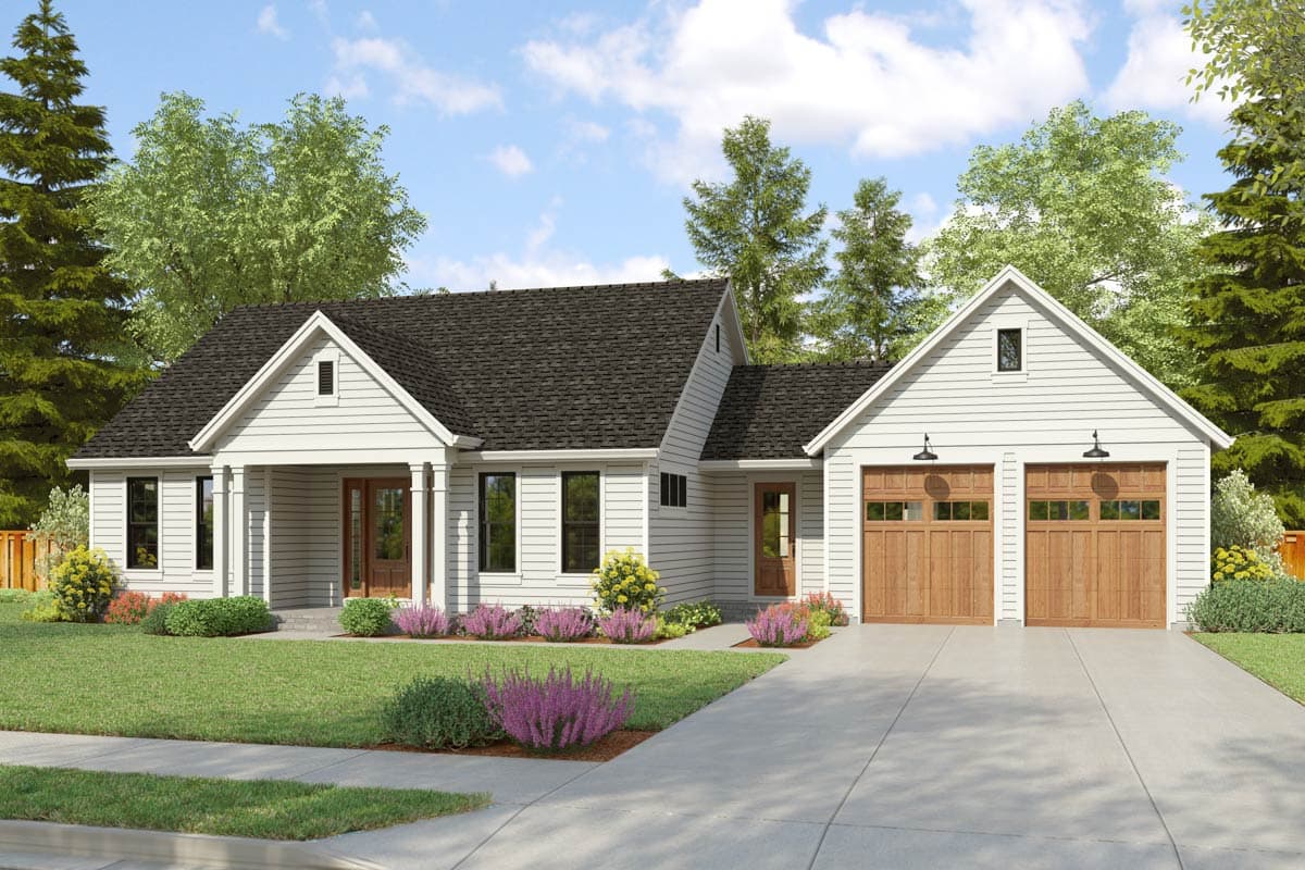 Modern Farmhouse house plan exterior with a prominent covered front porch, gabled rooflines, and a side-entry two-car garage.