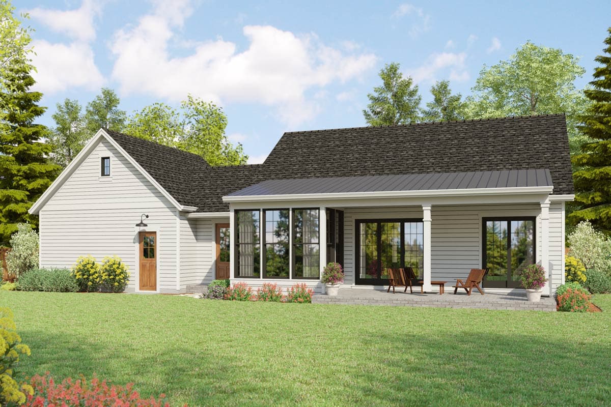 House plan exterior: One-story modern farmhouse with gabled dormer, covered porch, and large windows.
