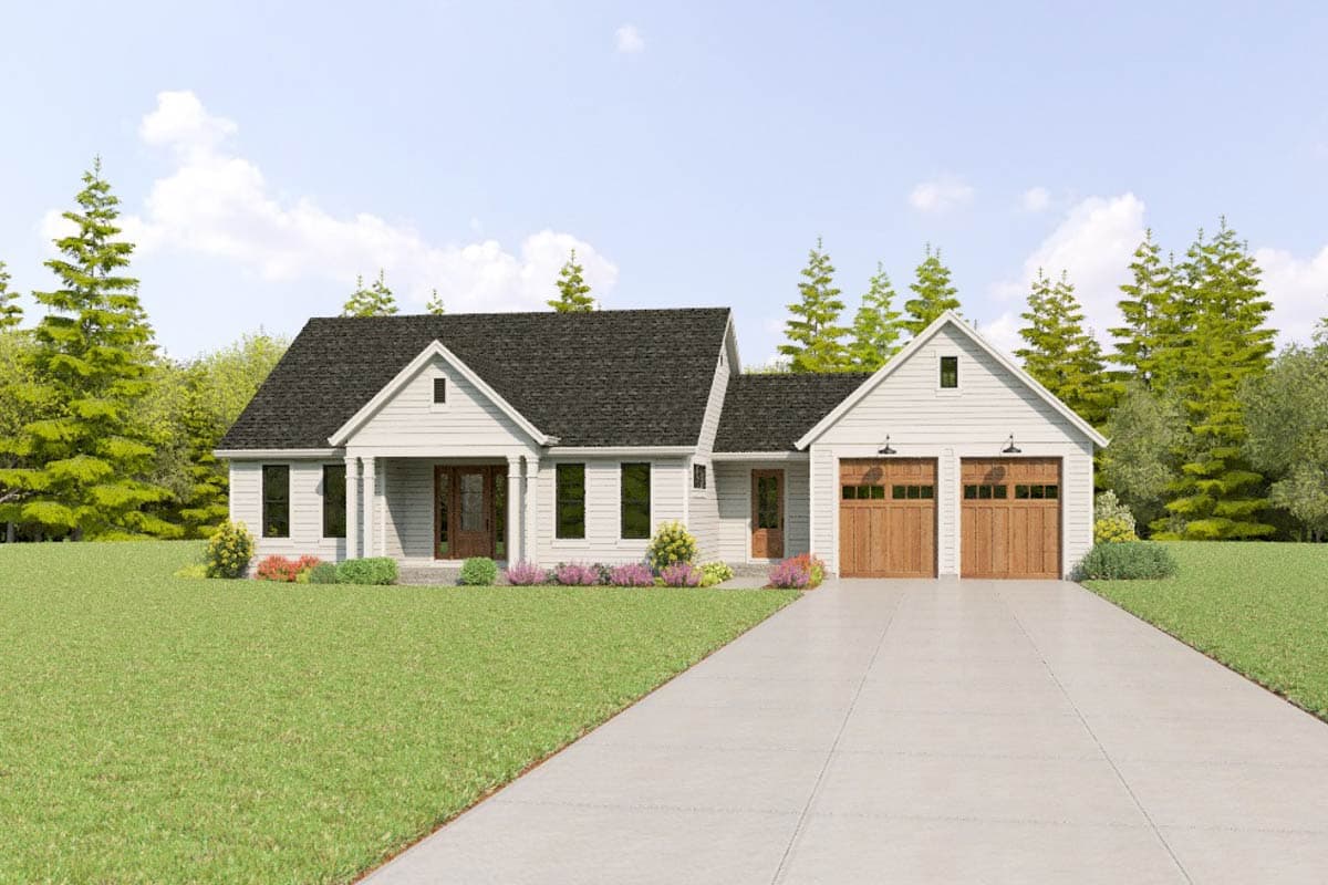 House plan exterior: one-story Modern Farmhouse with a covered front porch, gable dormer, and attached two-car garage.