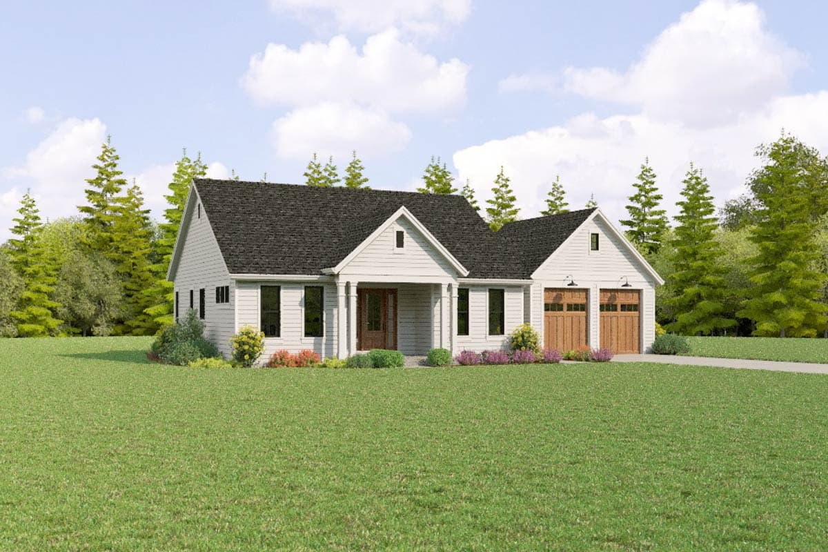 Modern Farmhouse house plan exterior with gabled roof, covered front porch, and attached two-car garage with wood doors.