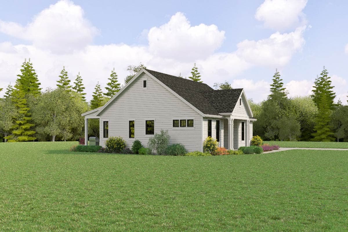 House plan exterior: single-story modern farmhouse with gables, side porch, and a prominent front portico.