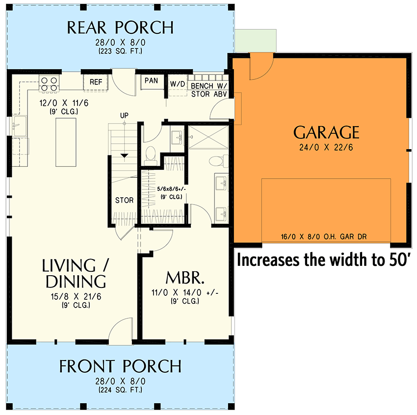 Plan 69893AM: Two-Story 3-Bedroom Country Farmhouse Under 1500 Square Feet - Floor Plan - Optional 2-Car Front Garage  - Cottage, Country, Modern Farmhouse, Vacation