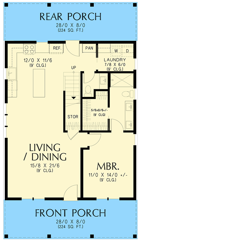 Plan 69893AM: Two-Story 3-Bedroom Country Farmhouse Under 1500 Square Feet - Floor Plan - Main Level - Cottage, Country, Modern Farmhouse, Vacation