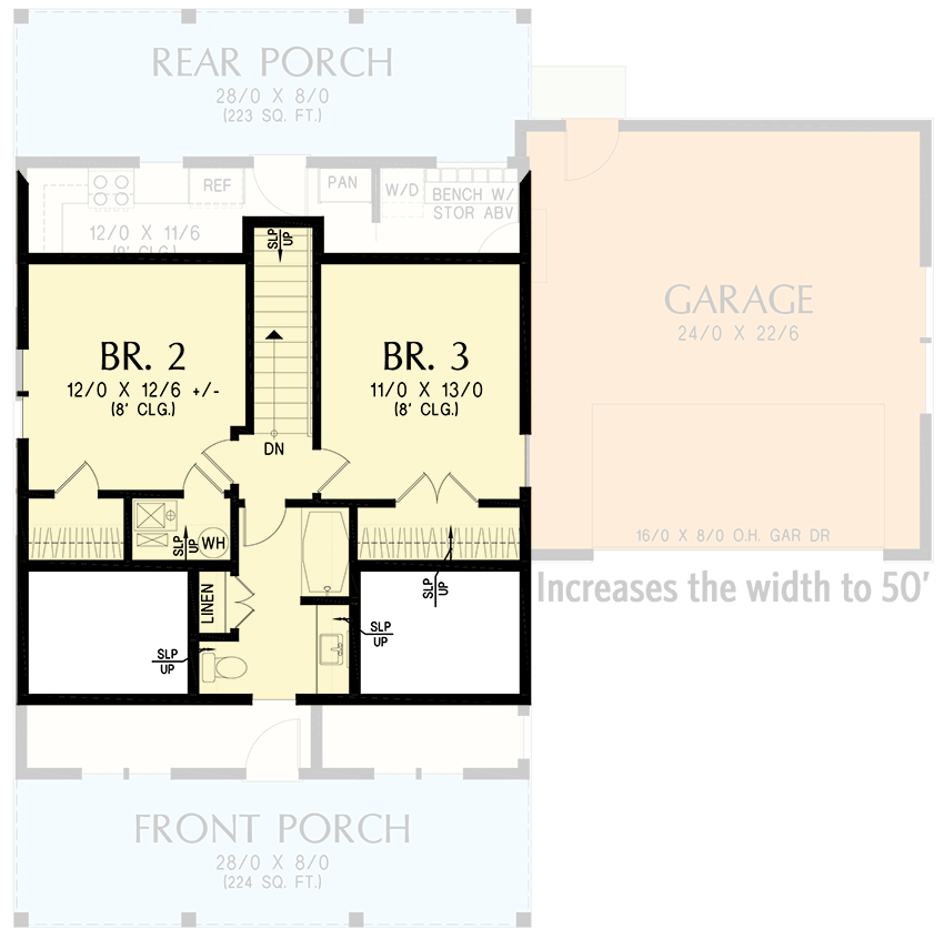Plan 69893AM: Two-Story 3-Bedroom Country Farmhouse Under 1500 Square Feet - Floor Plan - 2nd Level with Optional 2-Car Front Garage  - Cottage, Country, Modern Farmhouse, Vacation
