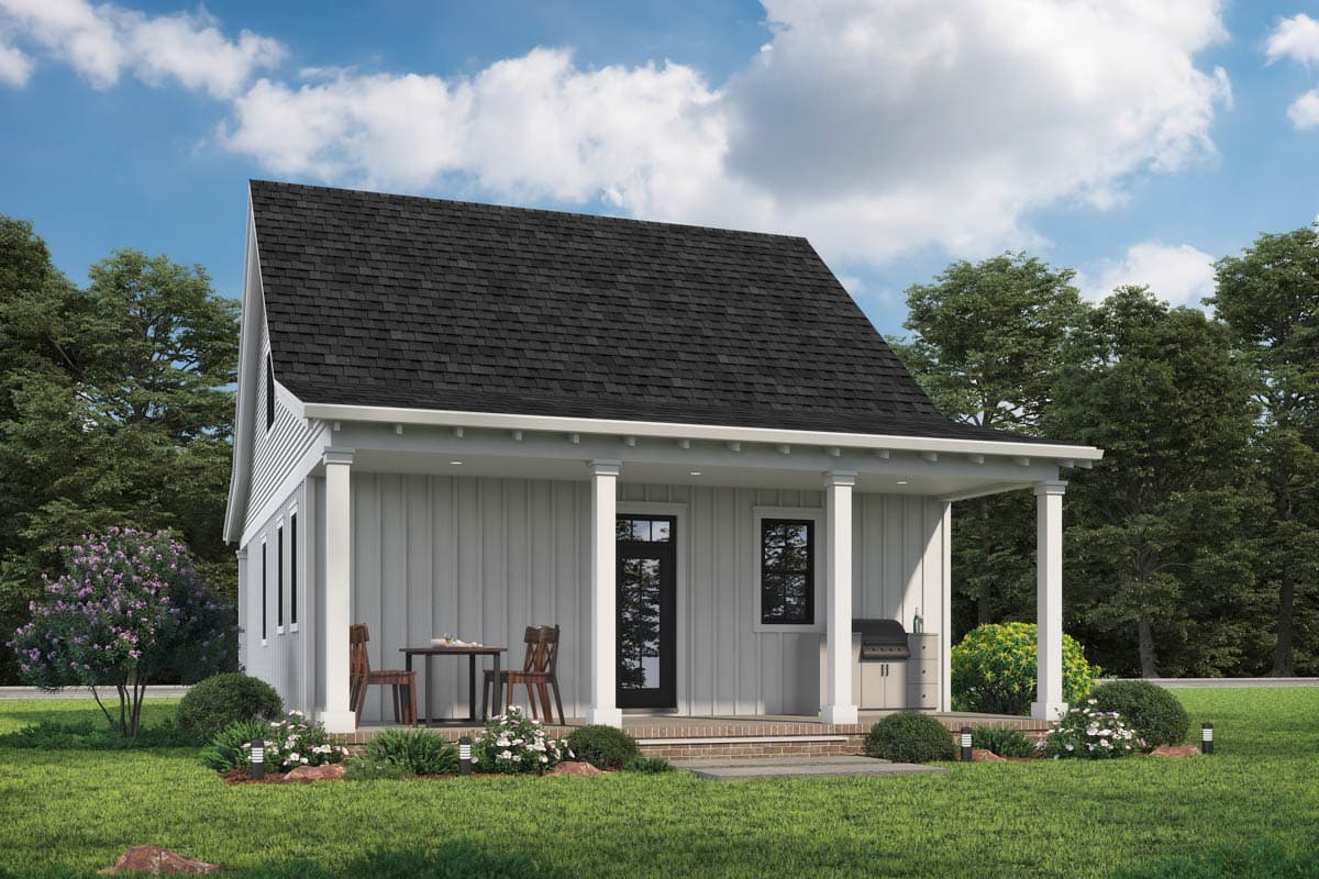 House plan exterior: One-story Modern Farmhouse with covered porch, board-and-batten siding, and gabled roof.