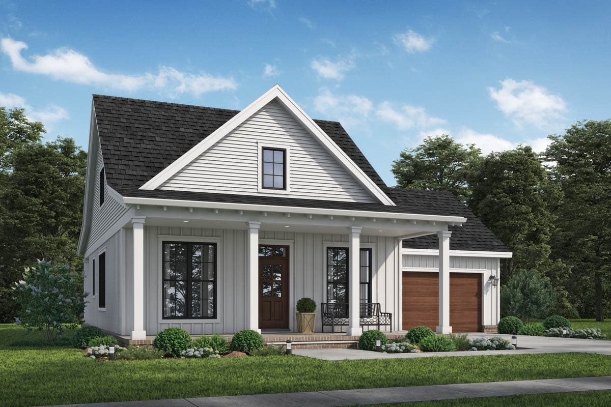 Modern Farmhouse house plan exterior with a covered front porch, vertical siding, and a two-car garage with wood doors.