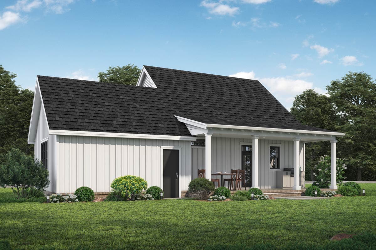 House plan exterior: Modern Farmhouse style, one story, with a covered porch, board and batten siding, and prominent gables.