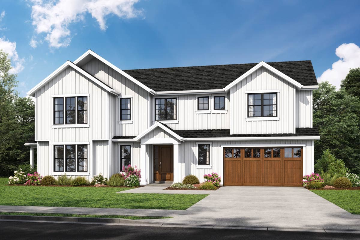 House plan exterior. Two-story Modern Farmhouse with gables, a front entry gable, and an attached garage with a wood-tone door.