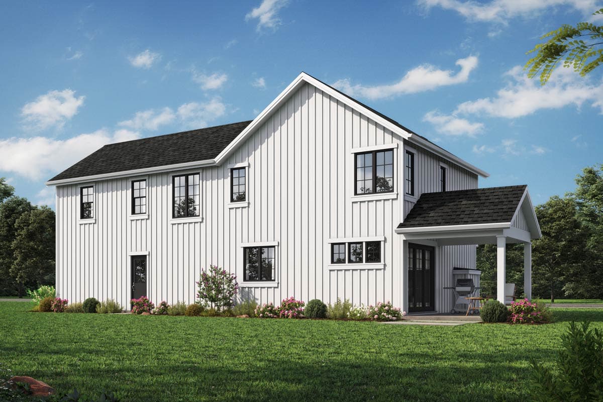 Modern Farmhouse house plan exterior, two stories, white board and batten siding, gable roof, covered front porch with columns.