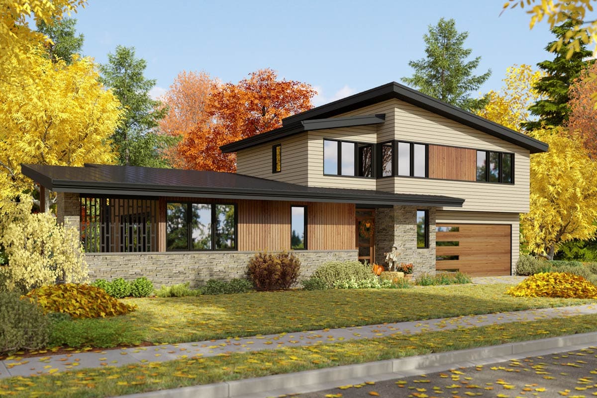 House plan exterior with two stories. Mid-century modern style with a flat roof, wood siding accents, and a stone facade. Attached garage.