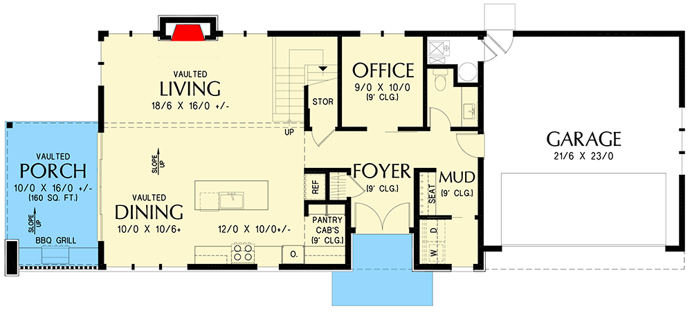 Plan 69896AM: Two-Story Contemporary House Plan with Outdoor Kitchen - 2057 Sq Ft - Floor Plan - Main Level - Contemporary, Mid Century Modern