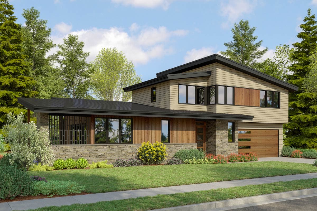 Modern two-story house plan exterior with stacked stone base, horizontal siding, gabled roof, and attached garage with wood doors.