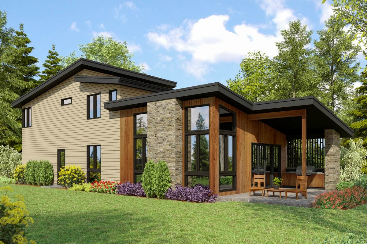 Modern two-story house plan exterior with horizontal siding, stone accents, large windows, and covered outdoor kitchen.