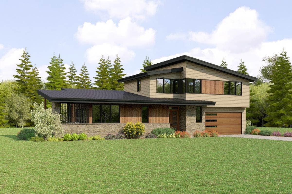 Two-story modern house plan exterior with stone and wood siding, flat roof, and attached garage. Features prominent windows and covered porch.