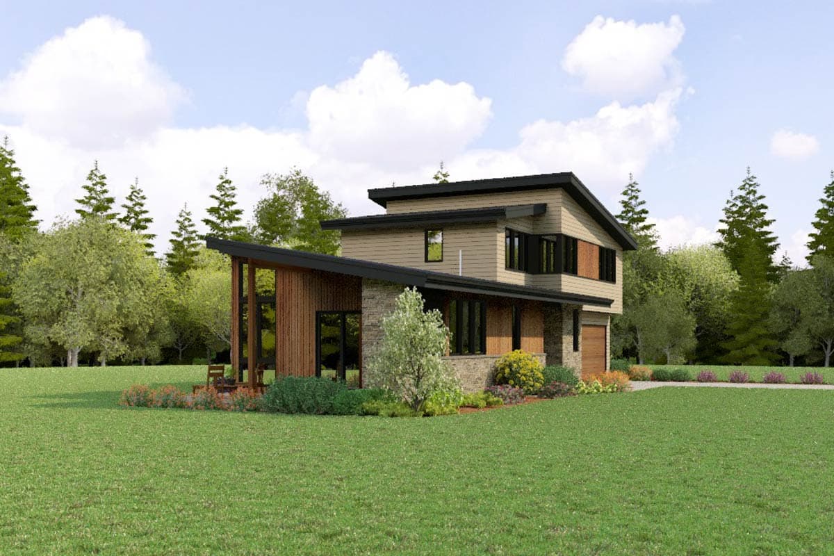 Two-story house plan exterior with stone and wood siding, multiple gables, covered porch, and attached garage.