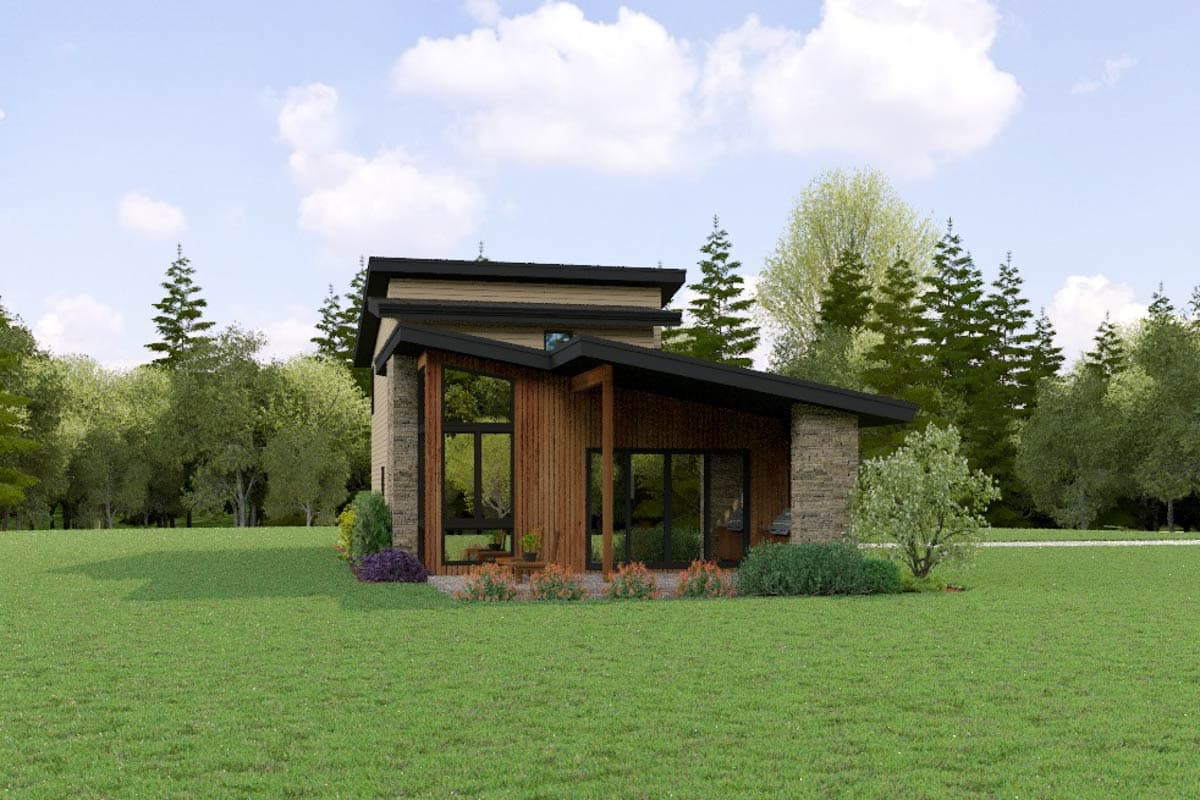 Modern house plan exterior with stone and wood siding, angled rooflines, and large windows.