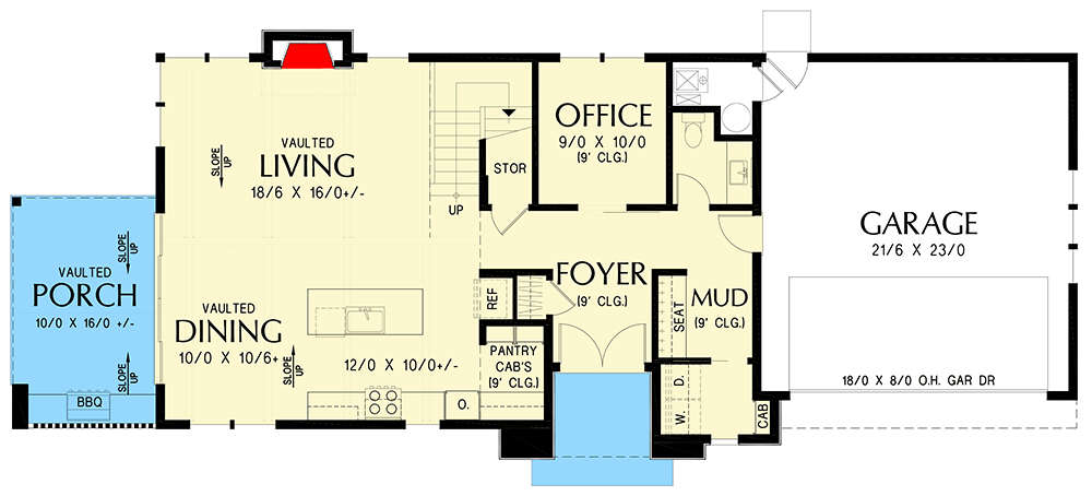 Plan 69897AM: 3-Bedroom Farmhouse with Two-Story Great Room - 2149 Sq Ft - Floor Plan - Main Level - Modern Farmhouse, Transitional