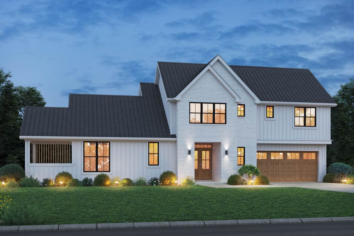 House plan exterior. Two-story Modern Farmhouse with a gable roof, board and batten siding, and an attached garage.