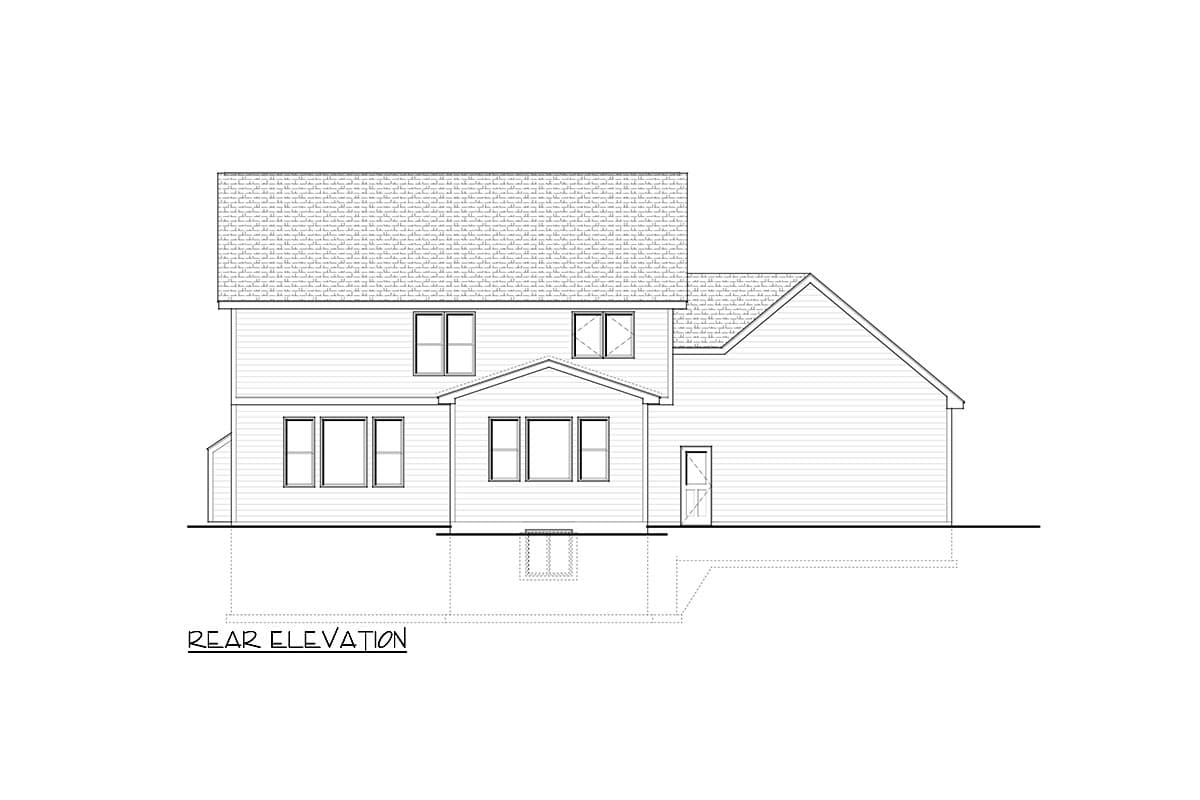 Rear elevation drawing of a two-story house plan featuring vinyl siding, multiple windows, a projecting bay window, and a pitched roof.
