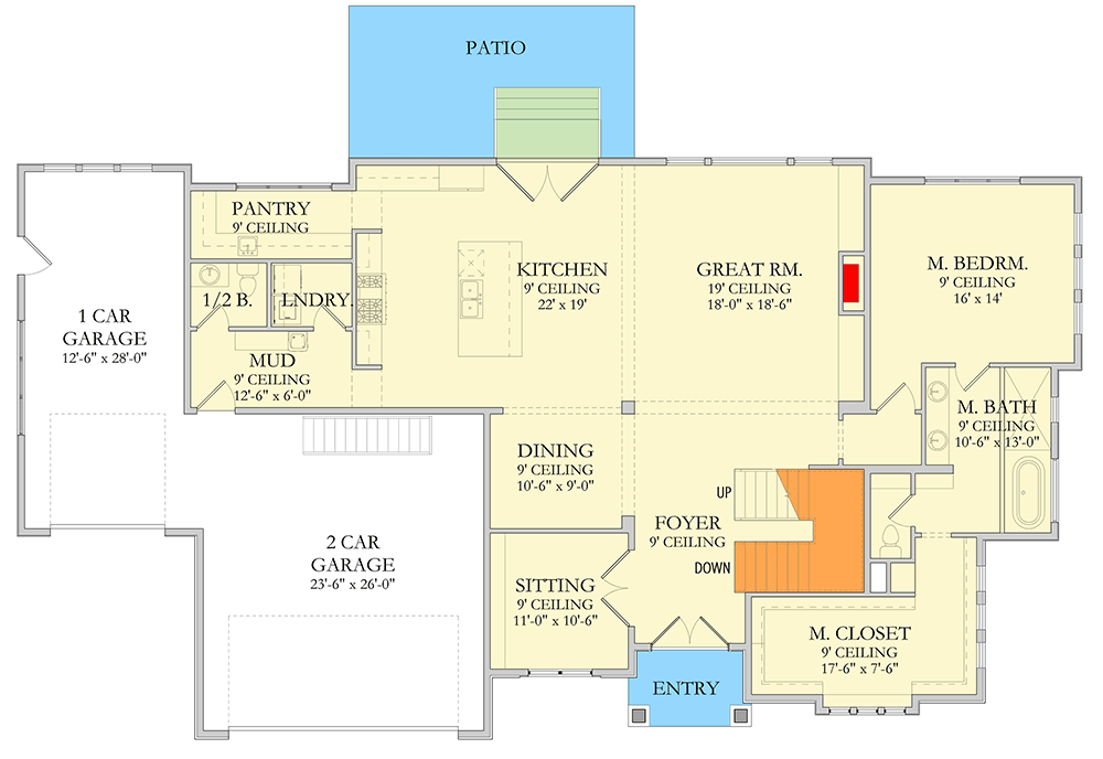 Plan 490120NAH: 5 or 6 Bedroom Transitional House Plan with Two-Story Great Room - 4048 Sq Ft - Floor Plan - Main Level - Modern, Transitional