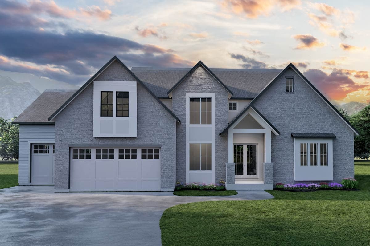 House plan exterior with stone veneer facade, gabled roof, and multiple dormers. Features a covered entry and attached garage.