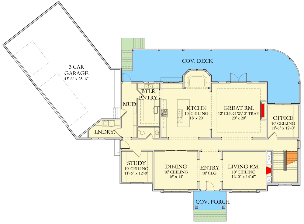 Plan 490121NAH: Two-Story Transitional House Plan with Angled 3-Car Garage - 4960 Sq Ft - Floor Plan - Main Level - Transitional