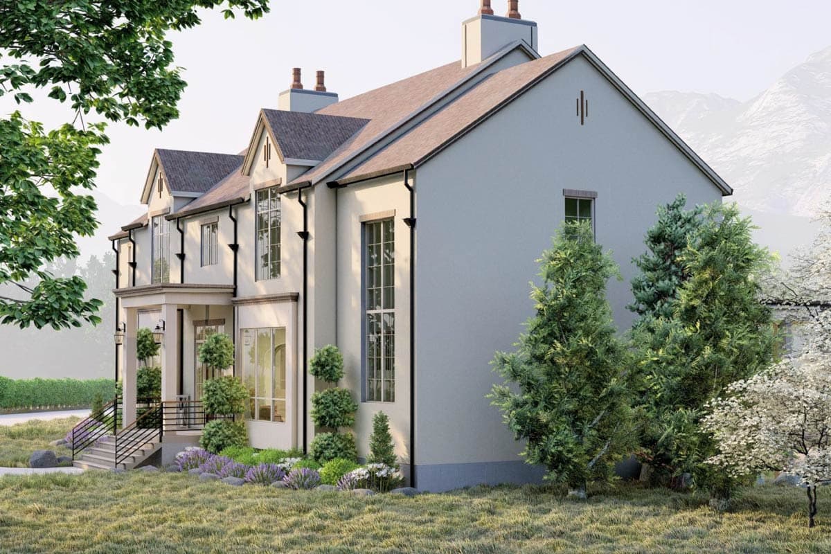 House plan exterior: two-story structure with gabled dormers, bay window, and front porch.