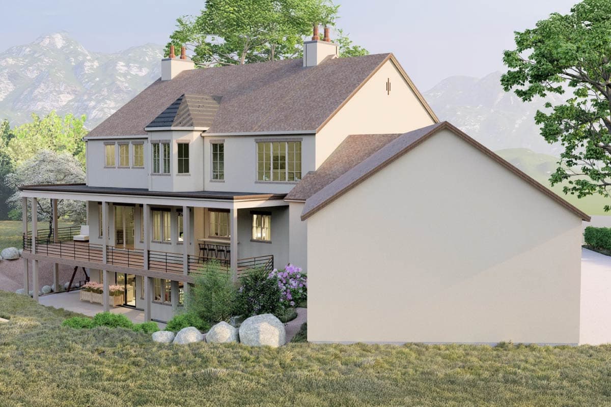 Modern farmhouse style house plan exterior with two stories, a wraparound deck, and dormer windows.