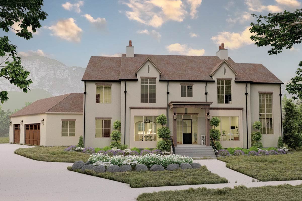 House plan exterior. Two-story home with gable roof, covered front porch, and attached garage. Includes dormers and symmetrical window placement.